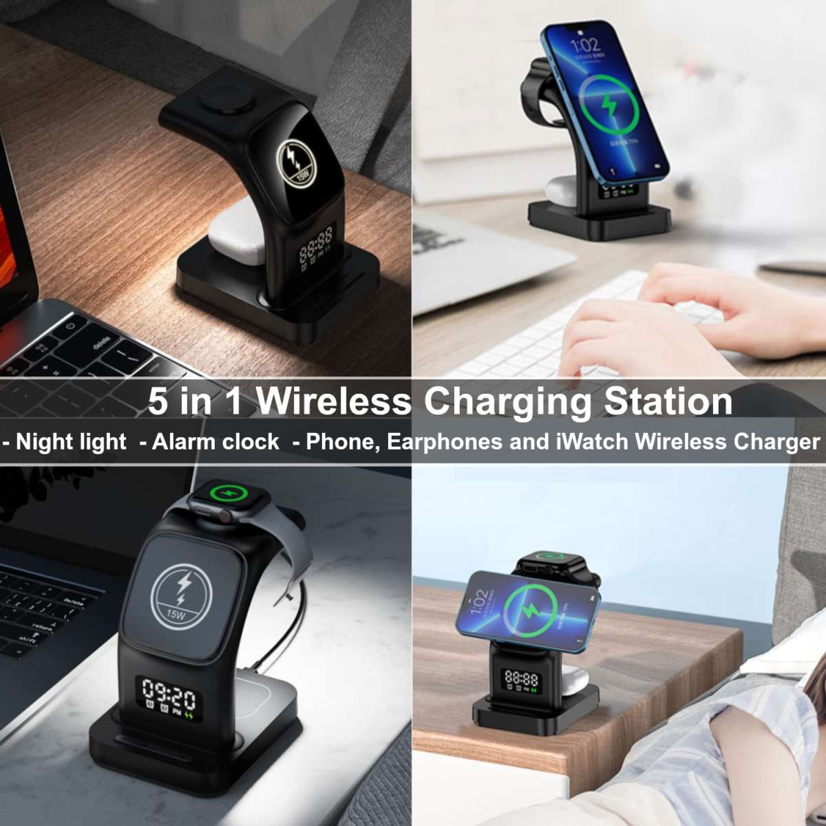 محطة شحن لاسلكية 5 في 1 مع منبه مغناطيسي متوافقة مع MagSafe