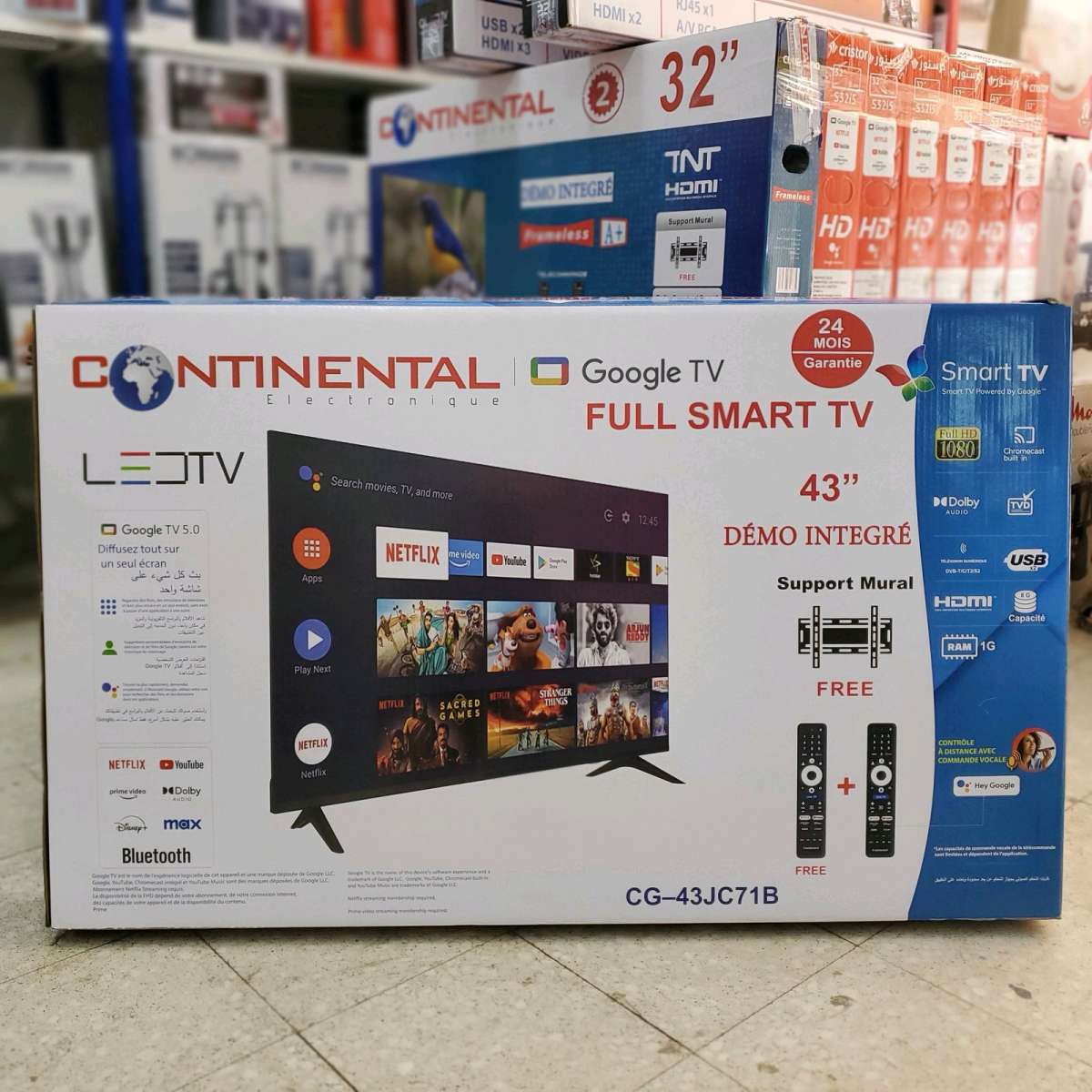 Tv Continental 43p Smart Google tv avec support  2 tlcommand