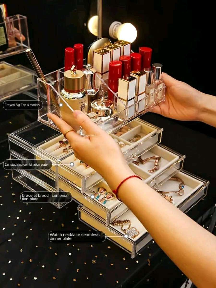 صندوق تخزين مكياج أكريليك بثلاثة أدراج