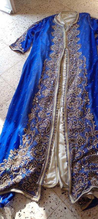 caftan grand taille bleu marocain - Thumbnail 8